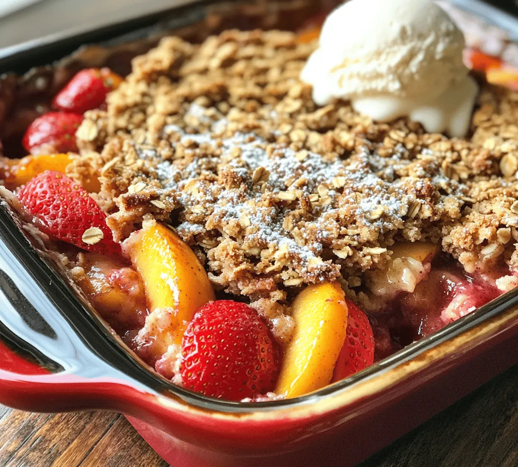 As summer rolls in, it brings with it a bounty of seasonal fruits that inspire a wave of delightful desserts. Among the many treats that capture the spirit of the season, <strong>Strawberry Peach Crisp</strong> stands out as a beloved favorite. This dessert harmoniously blends the vibrant sweetness of fresh strawberries and peaches with a crunchy oat topping, creating a symphony of flavors and textures that is sure to please any palate. Whether you’re hosting a summer barbecue, planning a family dinner, or simply seeking a sweet indulgence, this crisp is the ideal choice.” /></p>
</p>
<h3>Preparing the Fruit: Techniques for Slicing and Mixing</h3>
</p>
<p>To create the perfect Strawberry Peach Crisp, the preparation of the fruit is crucial. Start with fresh, ripe strawberries and peaches. The sweetness and juiciness of the fruit will significantly enhance the overall flavor of your crisp. Here’s how to prepare them properly:</p>
</p>
<p>1. <strong>Washing the Fruit</strong>: Rinse the strawberries under cold water, gently removing any dirt or impurities. For the peaches, you can use a soft brush to clean the skin. After washing, pat them dry with a paper towel.</p>
</p>
<p>2. <strong>Slicing Strawberries</strong>: Remove the green tops of the strawberries and slice them into quarters or halves, depending on their size. The smaller the pieces, the more evenly they will cook, and they will blend nicely with the peaches.</p>
</p>
<p>3. <strong>Preparing Peaches</strong>: To slice peaches, first, cut them in half around the pit. Twist the halves to separate them. Use a knife to carefully pry out the pit. Then, slice the peach into thin wedges or cubes. The goal is to have pieces that are similar in size to the strawberries for even cooking.</p>
</p>
<p>4. <strong>Mixing the Fruit</strong>: In a large mixing bowl, combine the sliced strawberries and peaches. Add a sprinkle of sugar to enhance the natural sweetness and a tablespoon of lemon juice to prevent browning and add a touch of tartness. Toss the fruit gently to coat them evenly without mashing.</p>
</p>
<h3>Creating the Crisp Topping: Ensuring the Right Texture</h3>
</p>
<p>The crisp topping is what transforms your fruit into a delightful dessert. Here’s how to achieve the perfect texture:</p>
</p>
<p>1. <strong>Choosing the Right Ingredients</strong>: Start with rolled oats, all-purpose flour, brown sugar, and cold butter. You can also add spices like cinnamon and nutmeg for extra flavor. If you prefer a nutty flavor, consider incorporating chopped nuts like almonds or pecans.</p>
</p>
<p>2. <strong>Mixing the Topping</strong>: In a separate bowl, combine 1 cup of rolled oats, ½ cup of flour, and ½ cup of brown sugar. If using, add ½ teaspoon of cinnamon and a pinch of salt. Mix these dry ingredients until well combined.</p>
</p>
<p>3. <strong>Incorporating the Butter</strong>: Cut ½ cup of cold butter into small cubes and add them to the dry mixture. Using a pastry cutter or your fingers, work the butter into the mixture until it resembles coarse crumbs. This step is essential as it creates that delightful crunch on top of your crisp.</p>
</p>
<p>4. <strong>Adding Optional Ingredients</strong>: If you like a bit of texture, fold in chopped nuts or coconut flakes at this stage. This will provide an additional layer of flavor and crunch.</p>
</p>
<h3>Assembling the Dish: Layering for Optimal Flavor</h3>
</p>
<p>Now that your fruit and topping are ready, it’s time to assemble the dish:</p>
</p>
<p>1. <strong>Choosing the Right Baking Dish</strong>: Select a baking dish that is approximately 9×13 inches. This size allows for an even distribution of heat, ensuring your crisp cooks uniformly.</p>
</p>
<p>2. <strong>Layering the Fruit</strong>: Begin by spreading the prepared fruit mixture evenly across the bottom of the baking dish. Make sure to distribute the strawberries and peaches well, allowing for an even bake.</p>
</p>
<p>3. <strong>Adding the Crisp Topping</strong>: Carefully sprinkle the crisp topping over the fruit, ensuring that it covers the fruit completely. This will create a protective layer that keeps the fruit juicy while the topping bakes to a golden brown.</p>
</p>
<h3>Baking the Crisp: What to Look for in Doneness</h3>
</p>
<p>Baking the Strawberry Peach Crisp is where the magic happens. Here’s how to ensure it’s perfectly cooked:</p>
</p>
<p>1. <strong>Preheating Your Oven</strong>: Preheat your oven to 350°F (175°C). This is a crucial step to ensure that your crisp bakes evenly.</p>
</p>
<p>2. <strong>Baking Time</strong>: Place the assembled dish in the preheated oven and bake for 30-35 minutes. Keep an eye on it towards the end of the cooking time. You want the topping to be golden brown and the fruit to be bubbling around the edges.</p>
</p>
<p>3. <strong>Checking for Doneness</strong>: The crisp is done when the topping is crisp and golden brown, and you can see the fruit juices simmering. If it’s not quite there, give it an additional 5-10 minutes, but be careful not to overbake.</p>
</p>
<h3>Cooling and Serving: Enhancing the Experience with Ice Cream or Whipped Cream</h3>
</p>
<p>After baking, allow your Strawberry Peach Crisp to cool for about 10-15 minutes. This cooling period helps the juices thicken slightly, making it easier to serve.</p>
</p>
<p>When it’s time to serve, consider these delicious options:</p>
</p>
<p>1. <strong>Serving with Ice Cream</strong>: A scoop of vanilla ice cream is a classic pairing that adds creaminess and enhances the overall experience. The cold ice cream melts slightly when it comes into contact with the warm crisp, creating a delightful contrast.</p>
</p>
<p>2. <strong>Whipped Cream</strong>: If ice cream isn’t your preference, a dollop of freshly whipped cream can also elevate your dessert. You can sweeten the cream with a bit of sugar and vanilla extract for extra flavor.</p>
</p>
<p>3. <strong>Garnishing</strong>: For added presentation, sprinkle some fresh mint leaves on top or drizzle with a bit of caramel sauce before serving. This not only adds flavor but also makes your dish visually appealing.</p>
</p>
<h3>The Joy of Baking: Why Homemade Desserts Matter</h3>
</p>
<p>Baking is more than just a means to create a delicious dessert; it’s an experience that brings joy and fulfillment. Here are a few reasons why homemade desserts matter:</p>
</p>
<p>1. <strong>Therapeutic Benefits of Baking</strong>: The act of baking can be incredibly therapeutic. It allows you to focus on the task at hand, providing a sense of mindfulness. The process of measuring, mixing, and creating can be a form of stress relief.</p>
</p>
<p>2. <strong>Creating Memories with Family and Friends</strong>: Baking is a wonderful way to bond with loved ones. Whether you’re teaching a child to bake or preparing a dessert for a gathering, these moments create lasting memories.</p>
</p>
<p>3. <strong>Satisfaction of Enjoying a Homemade Dish</strong>: There’s something uniquely satisfying about enjoying a dish you’ve made yourself. The aroma that fills your home, the anticipation as it bakes, and the joy of sharing it with others make the whole experience rewarding.</p>
</p>
<p>4. <strong>Sharing the Experience</strong>: Consider making baking a group activity. Invite friends or family to join you in the kitchen. Together, you can share recipes, tips, and laughter, making the experience even more enjoyable.</p>
</p>
<h3>Nutritional Insights</h3>
</p>
<p>Understanding the nutritional content of your Strawberry Peach Crisp can help you enjoy it even more mindfully. Here’s what you need to know:</p>
</p>
<p>1. <strong>Caloric Breakdown of the Strawberry Peach Crisp</strong>: A standard serving of Strawberry Peach Crisp is approximately 200-250 calories, depending on the ingredients and portion size. It’s important to enjoy in moderation, especially if served with toppings like ice cream.</p>
</p>
<p>2. <strong>Health Benefits of Key Ingredients</strong>: Strawberries and peaches are both rich in vitamins and antioxidants. Strawberries are high in vitamin C and fiber, while peaches provide vitamins A and C along with potassium. Together, they contribute to a nutritious dessert option.</p>
</p>
<p>3. <strong>Making it Lighter or Healthier</strong>: If you want to reduce calories without sacrificing flavor, consider using less sugar or substituting it with natural sweeteners like honey or maple syrup. You can also use whole wheat flour instead of all-purpose flour for added fiber.</p>
</p>
<h3>Serving Suggestions and Pairings</h3>
</p>
<p>To maximize your enjoyment of the Strawberry Peach Crisp, consider these serving suggestions and pairings:</p>
</p>
<p>1. <strong>Best Ways to Serve Strawberry Peach Crisp</strong>: Serve it warm from the oven for the best experience. The warm, bubbling fruit combined with the crisp topping creates a delightful contrast that is irresistible.</p>
</p>
<p>2. <strong>Complementary Flavors</strong>: Ice cream and whipped cream are classic pairings. Vanilla, almond, or even peach-flavored ice cream can pair beautifully with the crisp. You can also experiment with flavored whipped creams, such as cinnamon or honey.</p>
</p>
<p>3. <strong>Pairing Ideas</strong>: For drinks, consider serving your crisp with a refreshing glass of iced tea or lemonade. If you’re looking for a wine pairing, a chilled Moscato or a light rosé can complement the flavors beautifully.</p>
</p>
<h3>Conclusion</h3>
</p>
<p>In conclusion, Strawberry Peach Crisp is more than just a dessert; it’s a celebration of summer flavors and a delightful way to enjoy the fruits of the season. This recipe not only showcases the delicious combination of strawberries and peaches but also offers a comforting, homemade touch that can be cherished with loved ones. Whether you’re hosting a gathering or treating yourself, this crisp is sure to bring joy and satisfaction to your table.</p>
</p>
<p>The process of making this dish is as enjoyable as eating it, allowing you to engage in a therapeutic activity that fosters connection and creativity. So, gather your ingredients, roll up your sleeves, and indulge in the bliss of homemade baking. You’ll find that the joy of sharing a warm, fruity crisp with friends and family is one of life’s simple pleasures that can create lasting memories.</p>
<div id=
