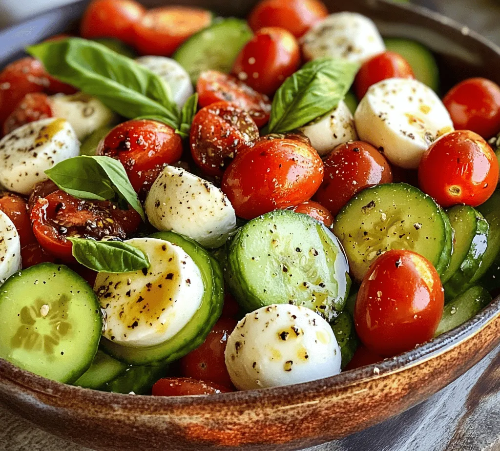 The Refreshing Cucumber Caprese Salad is a vibrant and delicious dish that perfectly embodies the flavors of summer. This recipe combines the crispness of cucumbers with the juicy sweetness of cherry tomatoes and the creaminess of fresh mozzarella, all brought together with a simple yet flavorful vinaigrette. The bright colors and fresh ingredients make it a feast for both the eyes and the palate.
