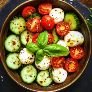 The Refreshing Cucumber Caprese Salad is a vibrant and delicious dish that perfectly embodies the flavors of summer. This recipe combines the crispness of cucumbers with the juicy sweetness of cherry tomatoes and the creaminess of fresh mozzarella, all brought together with a simple yet flavorful vinaigrette. The bright colors and fresh ingredients make it a feast for both the eyes and the palate.