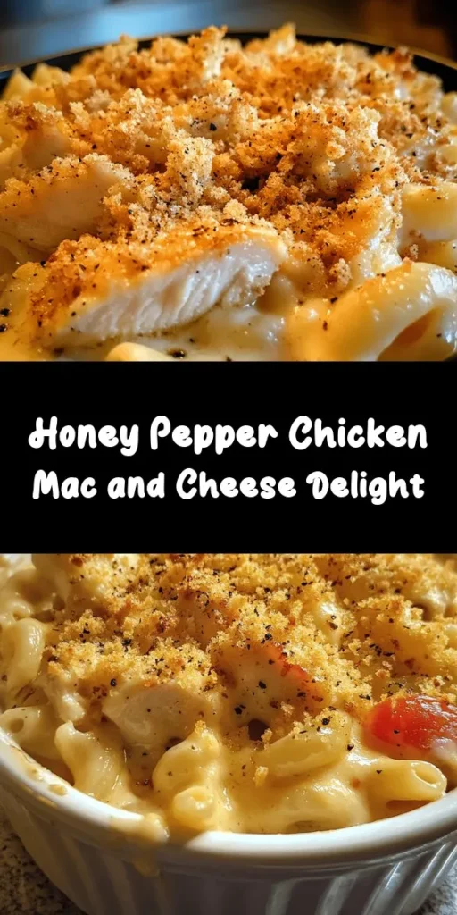 Transform your dinner with this delicious Honey Pepper Chicken Mac and Cheese! This comforting dish features juicy, baked chicken breasts coated in a sweet and spicy honey marinade, served over creamy, cheesy pasta. The blend of sharp cheddar and mozzarella makes for the ultimate indulgent cheese sauce. Easy to make and perfect for a weeknight family meal, this recipe brings a delightful twist to a classic favorite. Try it tonight!