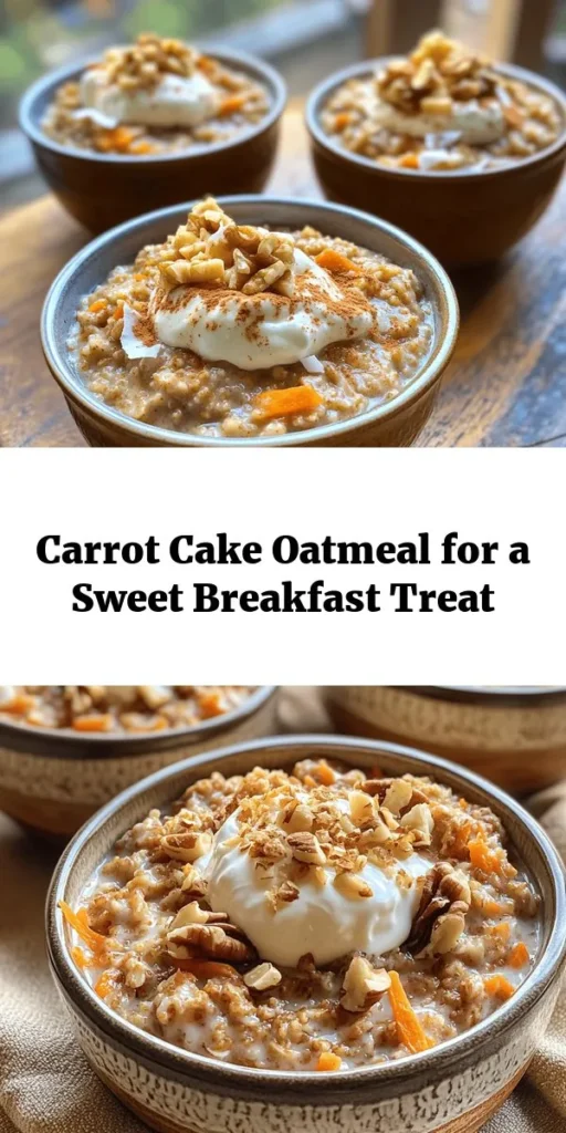 Start your day with a delicious twist on breakfast! This Carrot Cake Oatmeal Delight is a mouthwatering mix of rolled oats, grated carrots, and crushed pineapple, all cooked in creamy almond milk. With warm spices like cinnamon and nutmeg, plus crunchy nuts for texture, this dish brings the flavors of carrot cake right to your bowl. Top it off with cream cheese or festive garnishes for an extra special touch. Perfect for a quick and satisfying breakfast!