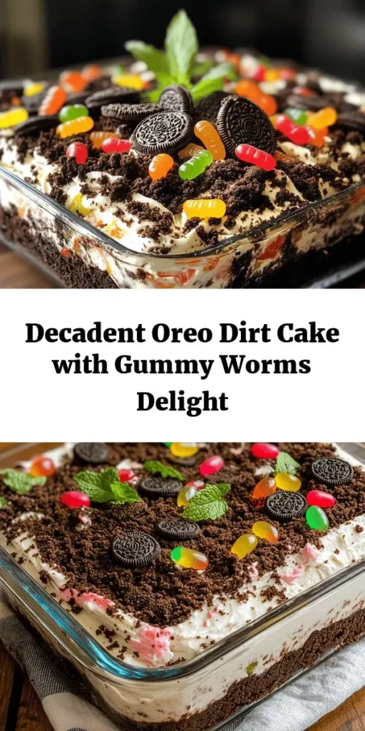 Indulge in this fun and delicious Oreo Dirt Cake! Perfect for parties and gatherings, this dessert combines layers of moist chocolate cake, creamy chocolate pudding, and fluffy whipped topping, all topped with crushed Oreos for that authentic “dirt” look. Decorate with gummy worms and fresh mint leaves for a playful touch! Easy to prepare and even better after chilling, this treat is sure to be a hit with kids and adults alike. Get ready to dig in!