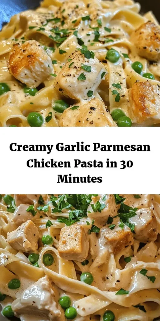 Indulge in this creamy chicken garlic Parmesan pasta that’s sure to impress! This simple and flavorful recipe combines tender fettuccine with juicy, seasoned chicken and a rich, velvety sauce made from garlic, heavy cream, and Parmesan. Ready in just 30 minutes, it's perfect for weeknight dinners or special occasions. Don't forget to toss in some peas for extra color and nutrients! Top with fresh parsley for a delightful finish. Enjoy your culinary creation!