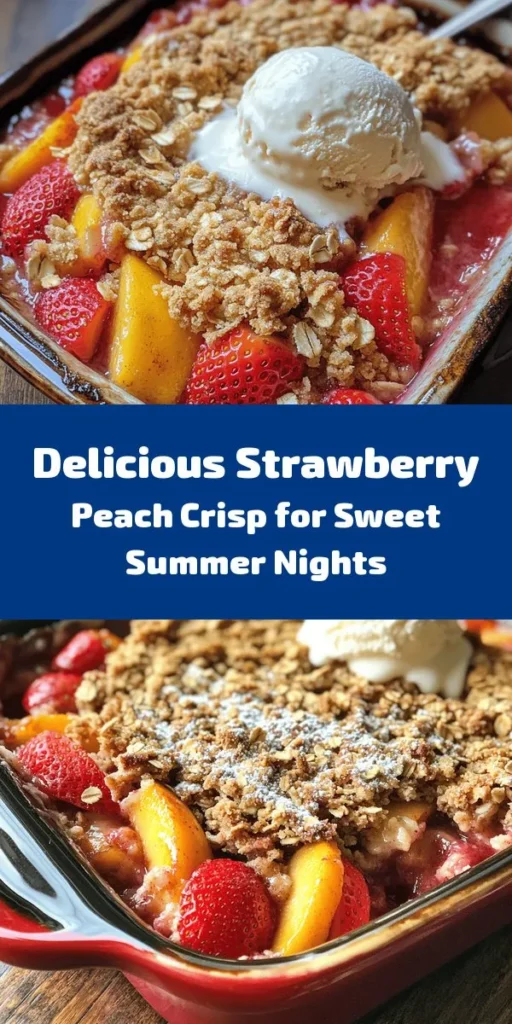Indulge in this delightful Strawberry Peach Crisp, a perfect summer dessert! Bursting with fresh strawberries and juicy peaches, this dish is sweetened with sugar and a hint of lemon for balance. Topped with a crunchy oat and brown sugar mixture, it's baked until golden and bubbly. Serve it warm, ideally with vanilla ice cream or whipped cream for an extra treat. Enjoy this simple yet delicious recipe with family and friends!