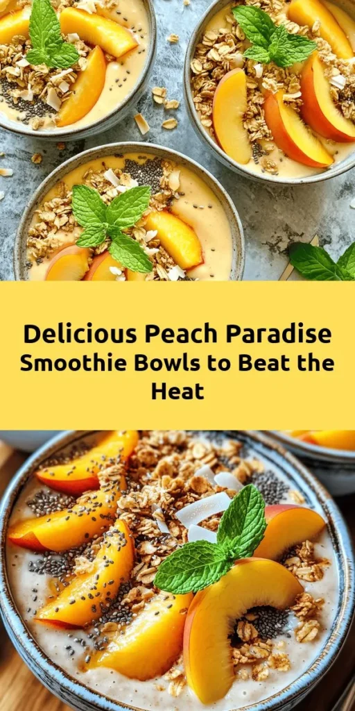 Dive into summer with this refreshing Peach Paradise Smoothie Bowl! Featuring ripe peaches, creamy Greek yogurt, and a splash of almond milk, this delightful recipe is blended to perfection for a silky texture. Top it with fresh peach slices, crunchy granola, chia seeds, and coconut flakes for that extra crunch and nutrition. Ready in just 10 minutes, it's a delicious way to start your day or cool down any time! Perfect for breakfast or a light snack.