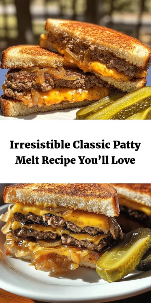 Indulge in the mouthwatering Classic Patty Melt Delight, a perfect blend of flavors and textures! This easy recipe features juicy beef patties topped with gooey cheese and caramelized onions, all nestled between crispy rye bread. With just a few simple ingredients and straightforward steps, you can whip up this delicious comfort food in under 40 minutes. Serve with pickle slices for an extra zing. A must-try for burger lovers!