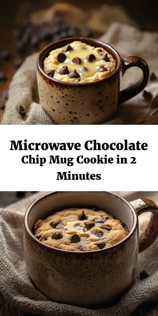 Satisfy your sweet tooth in just minutes with this Quick Microwave Chocolate Chip Mug Cookie Recipe! Perfect for an instant indulgence, this simple treat combines buttery goodness, rich chocolate, and a hint of vanilla all in one mug. With only a few ingredients and a quick zap in the microwave, you can enjoy a warm, gooey cookie that's ready in under two minutes. Top it with ice cream for an extra special touch! Perfect for late-night cravings or a sweet pick-me-up!