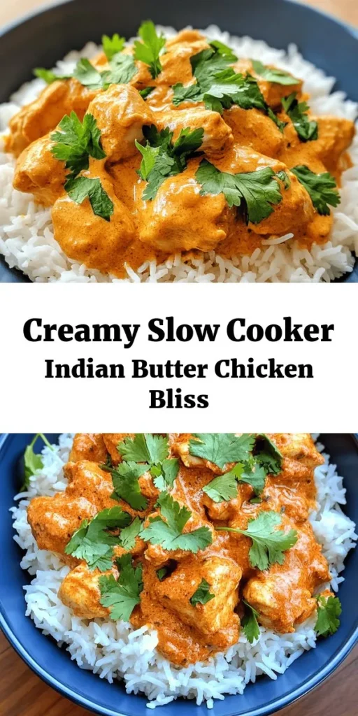 Indulge in the rich flavors of homemade Creamy Slow Cooker Indian Butter Chicken! This simple recipe requires minimal prep and lets your slow cooker do all the work. Juicy chicken thighs simmer with aromatic spices, tomatoes, and a velvety cream sauce for the ultimate comfort dish. Perfect over basmati rice or with warm naan, it's a crowd-pleaser that delivers authentic taste. Garnish with fresh cilantro for an extra touch. Enjoy a delightful meal everyone will love!