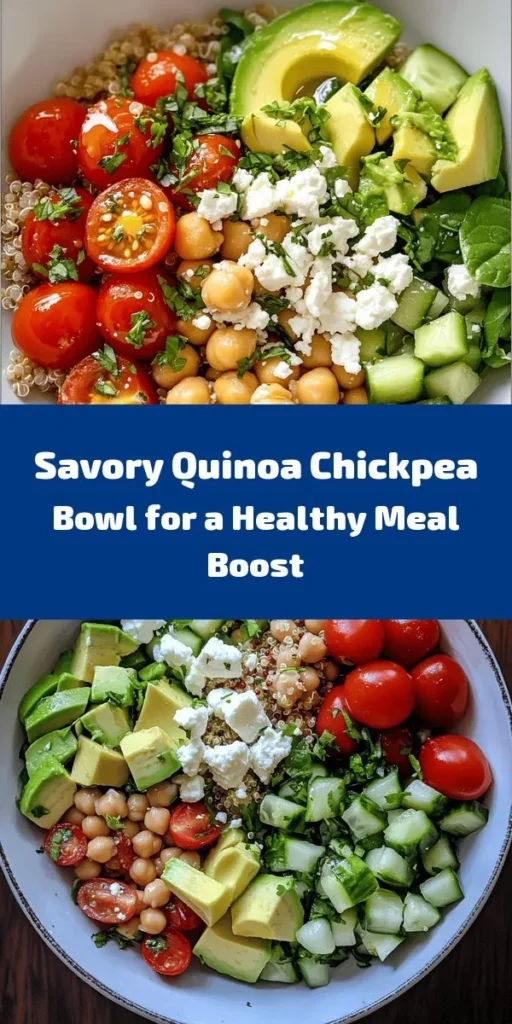 Discover the delicious Savory Quinoa & Chickpea Bowl, a healthy, colorful meal perfect for lunch or dinner! Packed with protein-rich quinoa and chickpeas, this bowl is loaded with cherry tomatoes, avocado, spinach, and topped with a zesty dressing made from olive oil and lemon juice. Easy to prepare in just 30 minutes, it’s not only nutritious but also customizable. Add feta cheese for an extra touch and enjoy a wholesome dish that’s as tasty as it is satisfying!