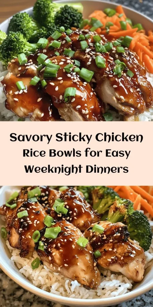 Savor the deliciousness of these Sticky Chicken Rice Bowls! Perfectly marinated chicken thighs coated in a sweet and savory sauce sit atop fluffy jasmine rice. This easy recipe combines tender chicken with vibrant steamed veggies for a complete meal that's both satisfying and nutritious. Garnish with green onions and sesame seeds for a touch of flavor and crunch. Ideal for a weeknight dinner or meal prep, these bowls are sure to impress!