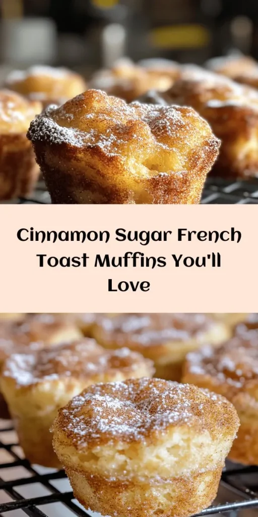 Transform your breakfast with these irresistible Cinnamon Sugar French Toast Muffins! Perfect for using up day-old bread, this easy recipe combines eggs, milk, and spices for a delightfully fluffy treat. Each muffin is soaked in a sweet, cinnamon-infused mixture, topped with a buttery, crunchy topping, and baked to golden perfection. Whether enjoyed with syrup or fresh fruit, these muffins are sure to be a morning favorite. Try this delightful recipe today!