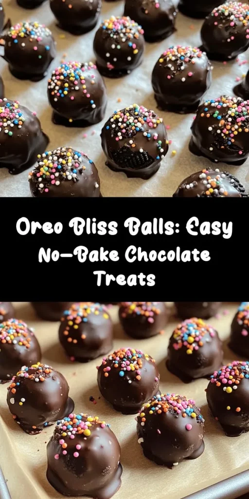 Indulge in these delightful Oreo Bliss Balls, a perfect treat for any occasion! Made with just three simple ingredients—Oreo cookies, cream cheese, and chocolate—these no-bake bites are easy to whip up. Simply crush, mix, roll, and dip in melted chocolate for a decadent dessert that's sure to impress. Decorate them with sprinkles or extra Oreo crumbs for a fun touch. Enjoy a little taste of bliss in each bite!
