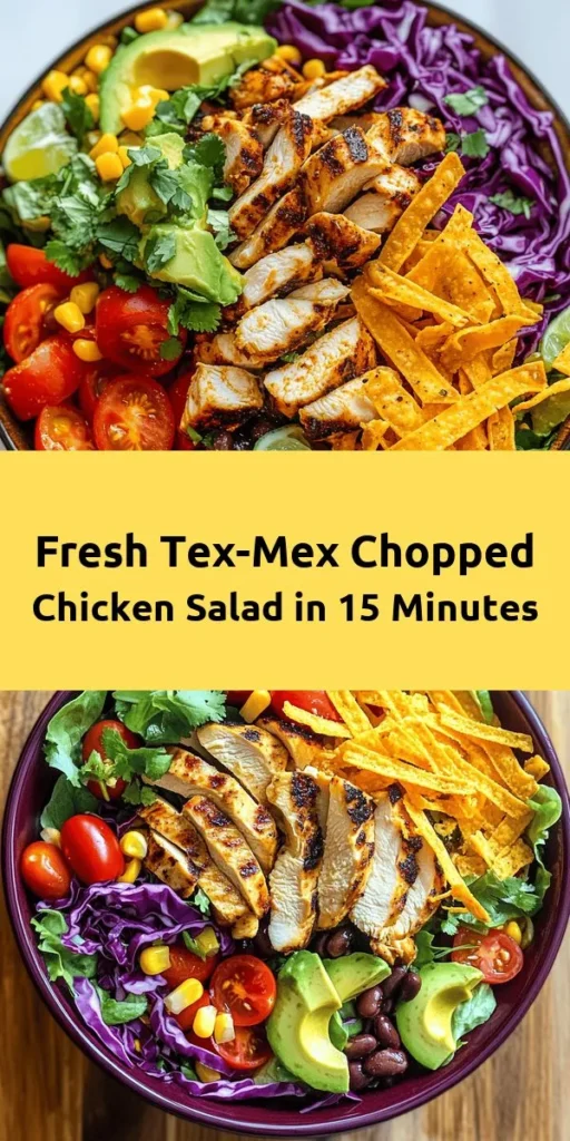 Looking for a refreshing and flavorful meal? Try this Tex-Mex Chopped Chicken Salad! Packed with grilled chicken, crunchy veggies, black beans, and creamy avocado, it's a satisfying dish perfect for lunch or dinner. Toss everything together with a zesty lime dressing and top it off with cheddar cheese and crunchy tortilla strips. Ready in just 15 minutes, it's a quick and nutritious option the whole family will love!
