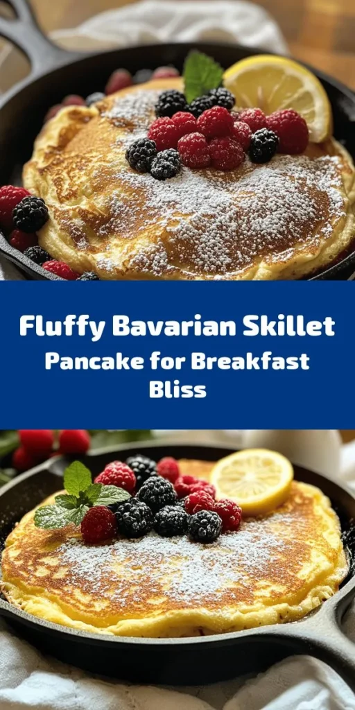 Indulge in a delightful Fluffy Bavarian Skillet Pancake that’s perfect for breakfast or brunch! With just a few simple ingredients like eggs, whole milk, and flour, this easy recipe comes together quickly. Bake it in a hot skillet for a beautifully puffed pancake that's golden brown and delicious. Serve it warm, dusted with powdered sugar, and topped with fresh berries and lemon wedges for a refreshing twist. Perfect for sharing with family and friends!