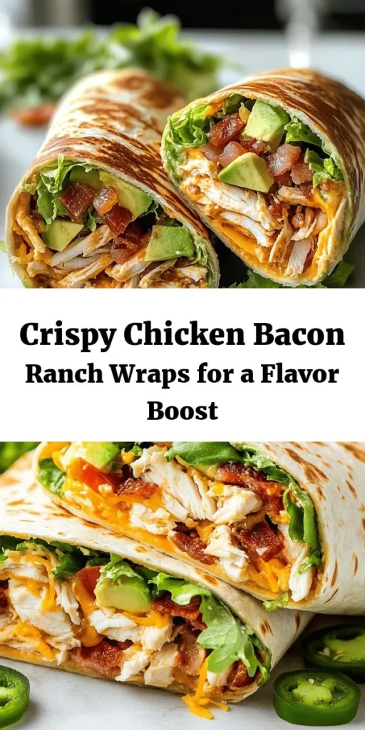 Try this delicious Crispy Chicken Bacon Ranch Wrap for a quick and satisfying meal! Packed with shredded chicken, crispy bacon, fresh romaine lettuce, and creamy ranch dressing, this wrap is bursting with flavor. Simply layer your favorite ingredients in a flour tortilla, grill until golden, and enjoy! Perfect for lunch or a light dinner, and you can customize it with avocado or jalapeños for an exciting twist. It's easy to make and ready in just 30 minutes!