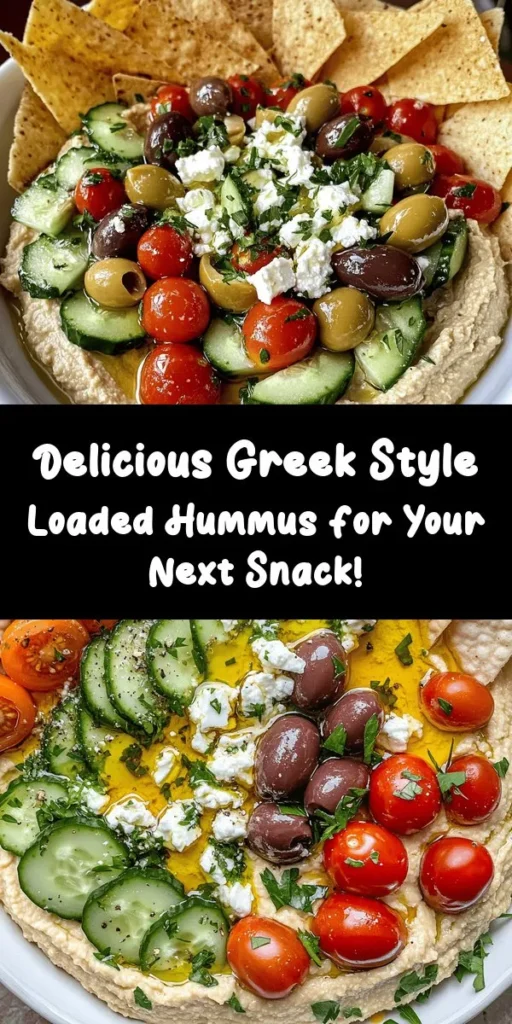 Discover the delightful taste of Greek Style Loaded Hummus, a perfect blend of creamy chickpeas, tangy tahini, and fresh toppings! This simple recipe combines classic ingredients like garlic, cumin, and a luscious layer of Greek yogurt, topped with vibrant cherry tomatoes, crunchy cucumber, savory olives, and crumbled feta. Ready in just 15 minutes, it's a crowd-pleasing appetizer or snack that's best enjoyed with pita chips or fresh pita bread. Enjoy a taste of the Mediterranean!