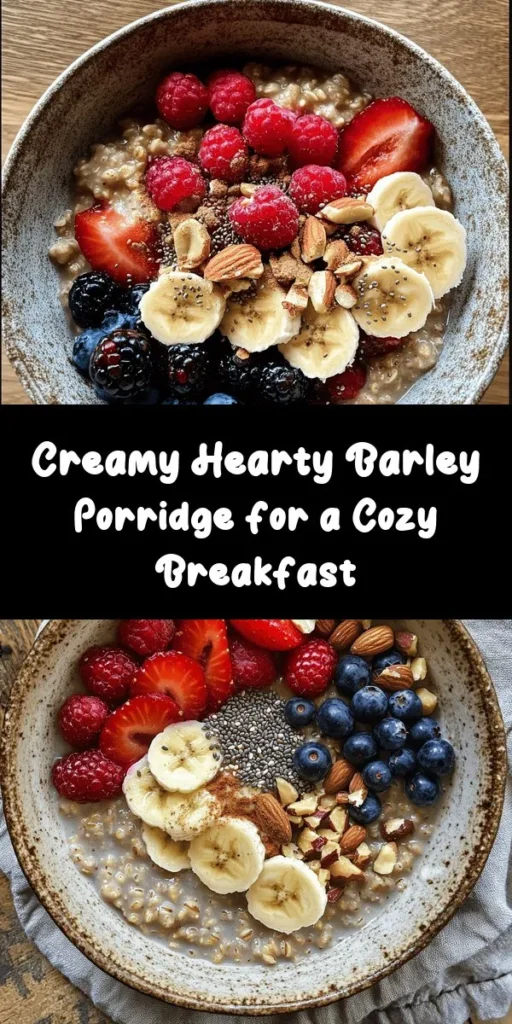 Start your day right with this Hearty Barley Porridge! This nutritious and comforting breakfast is made with pearl barley, simmered until tender in water or vegetable broth, and blended with milk, cinnamon, and a hint of sweetness. Top it with fresh fruits and a sprinkle of nuts or seeds for a delightful crunch. Perfect for meal prep or a cozy morning at home, this recipe serves four and is ready in just under an hour. Enjoy wholesome goodness in every bite!