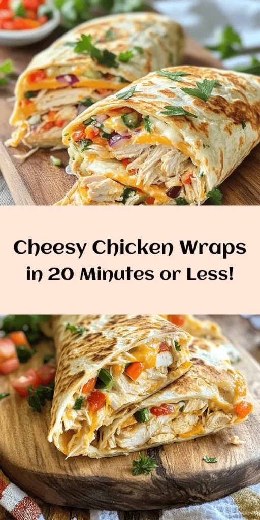 Try these Easy Cheesy Chicken Wraps for a delicious and quick meal! Perfect for busy weeknights, this recipe uses shredded chicken, creamy cheeses, and fresh veggies all wrapped in warm flour tortillas. In just 20 minutes, you can enjoy a flavorful dish that's customizable with your favorite ingredients. Serve them crispy or soft, and garnish with fresh herbs for an extra touch. Ideal for lunch or dinner, your taste buds will thank you!