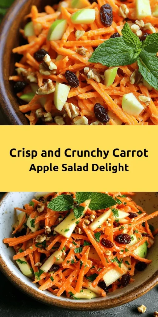 Discover the perfect blend of crunch and sweetness with this refreshing Crunchy Carrot Apple Salad! Made with grated carrots, diced apple, and a delightful mix of raisins or cranberries, plus walnuts or pecans for a tasty crunch. All tossed in a creamy Greek yogurt dressing with a hint of honey and lemon. This quick salad is not only easy to prepare but also packed with flavor and nutrients. Perfect for lunch or a light dinner! Garnish with fresh mint for an extra burst of freshness. Enjoy this vibrant, healthy dish in just 25 minutes!