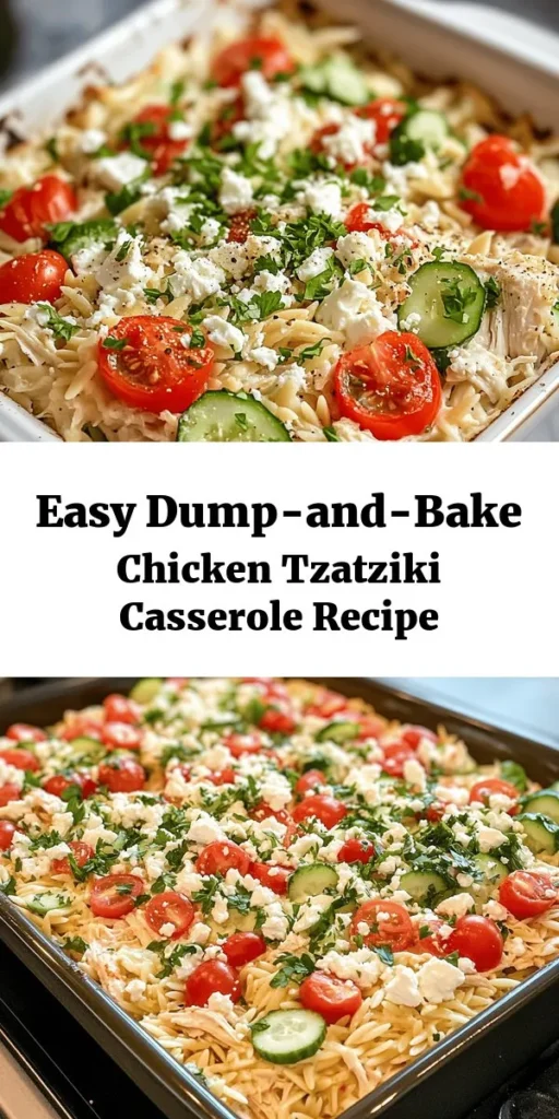 Try this delicious Dump-and-Bake Chicken Tzatziki Casserole for an easy weeknight meal! Packed with shredded rotisserie chicken, creamy Greek yogurt, and fresh veggies, this dish is bursting with flavor. The orzo pasta cooks right in the oven, making it a one-pan wonder. Topped with crumbled feta and fresh parsley, it’s both satisfying and simple to prepare. Perfect for family dinners or meal prep! Enjoy a taste of the Mediterranean tonight!