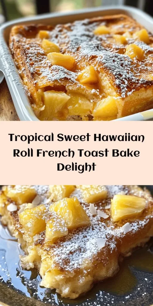 Transform your breakfast routine with this delightful Sweet Hawaiian Roll French Toast Bake! Perfect for brunch gatherings or a cozy family morning, this dish combines sweet Hawaiian rolls, eggs, milk, and tropical flavors of crushed pineapple and coconut. Easy to prepare, just soak the rolls in a creamy custard, bake until golden, and top with powdered sugar and maple syrup. Serve warm for a taste of paradise in every bite! 🍍🍞✨