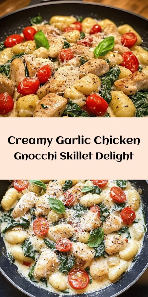 Whip up a delicious Garlic Chicken Gnocchi Skillet in just 30 minutes! This one-pan wonder features tender chicken breast, savory garlic, and fluffy potato gnocchi simmered in a creamy sauce with fresh spinach and juicy cherry tomatoes. Perfect for a weeknight dinner or a cozy gathering, this dish is quick, satisfying, and bursting with flavor. Top it off with grated Parmesan and fresh basil for an extra touch. Get ready to impress your family and friends!