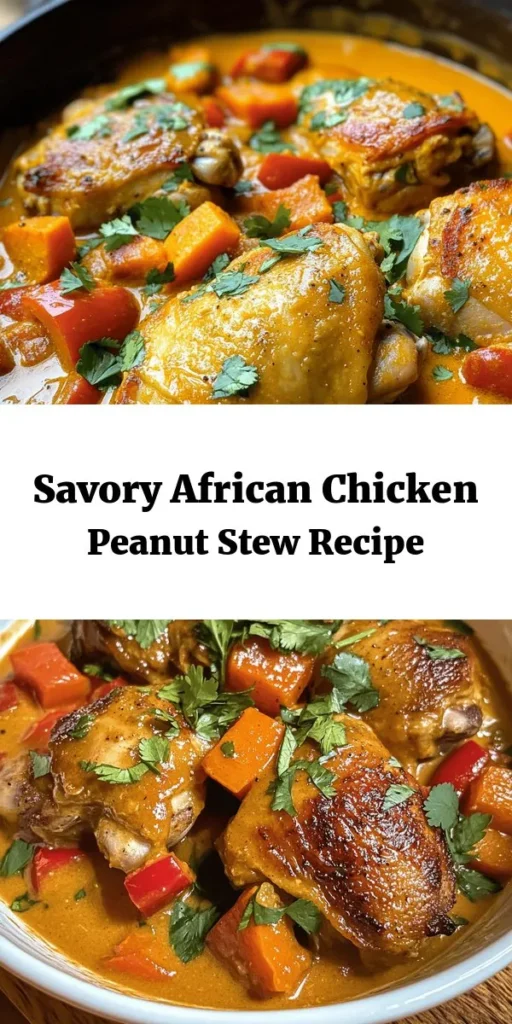 Discover the delightful flavors of African Chicken Peanut Stew! This hearty dish features tender chicken thighs simmered in a creamy peanut sauce, packed with aromatic spices, sweet potatoes, and nutritious greens. Perfectly balanced with the warmth of cayenne and the richness of peanut butter, it’s a comforting meal great for family dinners. Serve it over rice or with flatbread for a satisfying experience. Enjoy a taste of Africa in your kitchen!